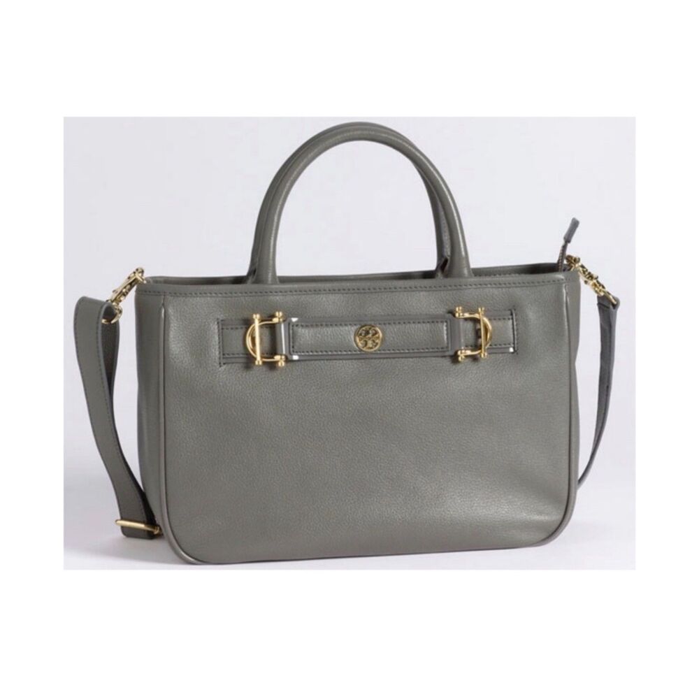 Tory Burch Gray Pebbled Leather Horsebit 2 Way Crossbody Hand Bag